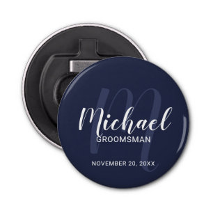 Navy Blue Modern Script Personalized Groomsmen Button Flesopener