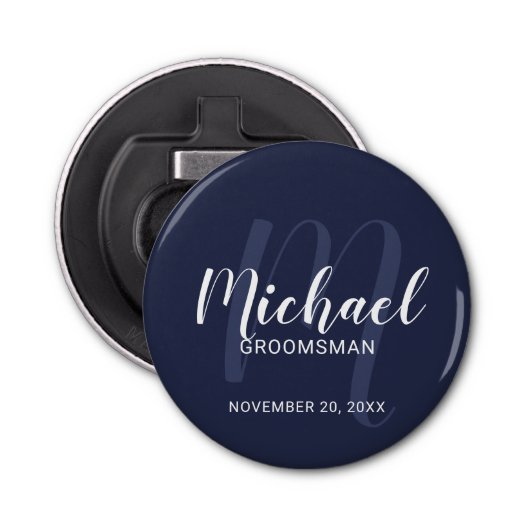 Navy Blue Modern Script Personalized Groomsmen Button Flesopener (Voorkant)