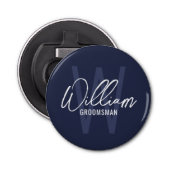 Navy Blue Modern Script Personalized Groomsmen Button Flesopener (Voorkant)