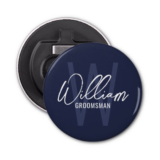 Navy Blue Modern Script Personalized Groomsmen Button Flesopener (Voorkant)