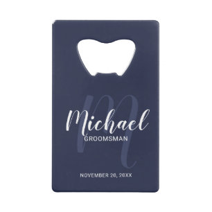 Navy Blue Modern Script Personalized Groomsmen Creditkaart Flessenopener
