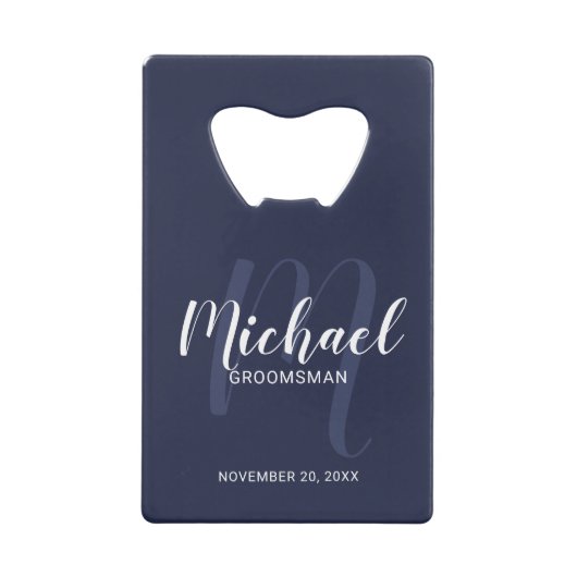 Navy Blue Modern Script Personalized Groomsmen Creditkaart Flessenopener (Voorkant)