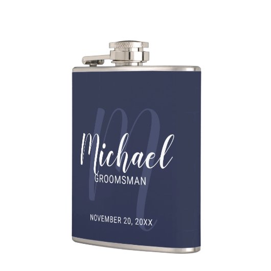 Navy Blue Modern Script Personalized Groomsmen Heupfles (Links)