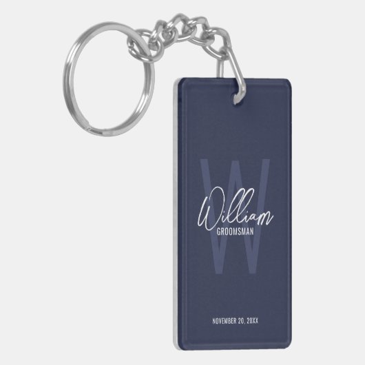 Navy Blue Modern Script Personalized Groomsmen Sleutelhanger (Voorkant Links)