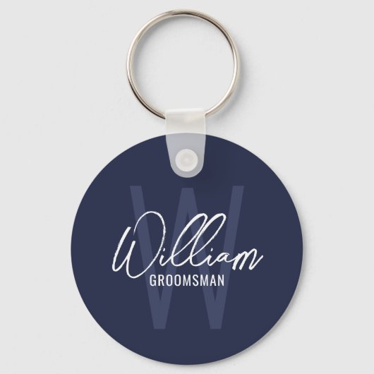 Navy Blue Modern Script Personalized Groomsmen Sleutelhanger (Voorkant)