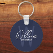 Navy Blue Modern Script Personalized Groomsmen Sleutelhanger (Voorkant)