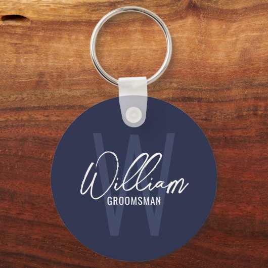 Navy Blue Modern Script Personalized Groomsmen Sleutelhanger (Voorkant)