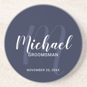 Navy Blue Modern Script Personalized Groomsmen Zandsteen Onderzetter