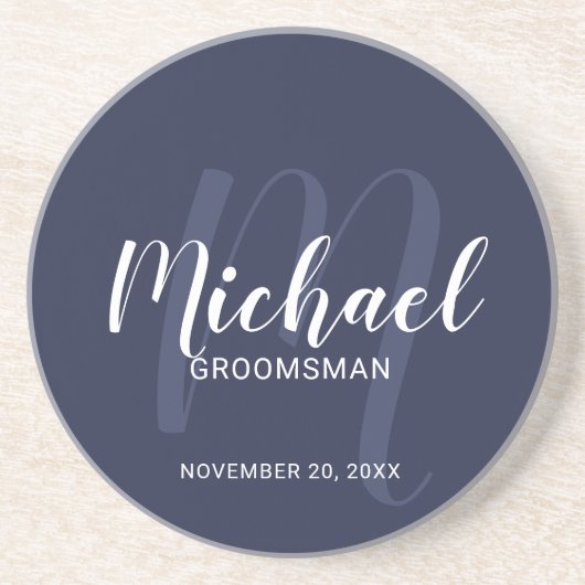 Navy Blue Modern Script Personalized Groomsmen Zandsteen Onderzetter (Voorkant)