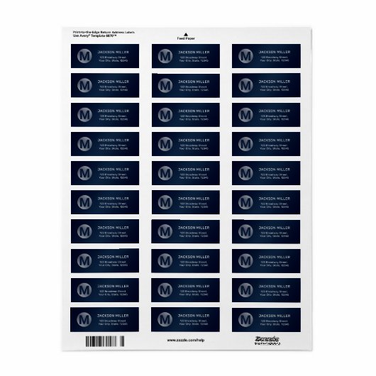 Navy blue modern simpel monogram terugkeeradres etiket (Full Sheet)