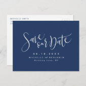 Navy Blue Modern Simple Script Save the Date Aankondigingskaart (Voorkant / Achterkant)