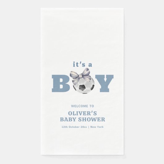 Navy Blue Modern Soccer Boy Baby Shower Welcome Servet (Voorkant)