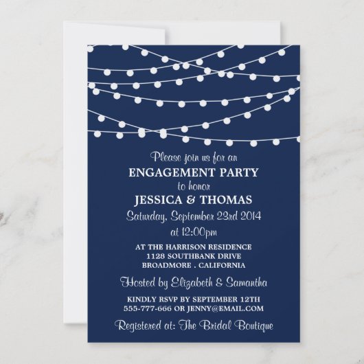 Navy Blue Modern String Lights Engagement Party Kaart (Voorkant)