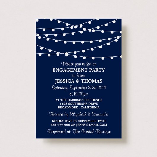 Navy Blue Modern String Lights Engagement Party Kaart