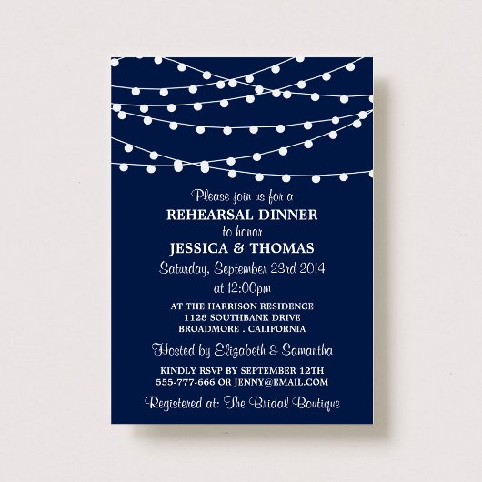 Navy Blue Modern String Lights repesal Dinner Kaart