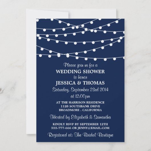 Navy Blue Modern String Lights Wedding Shower Kaart (Voorkant)