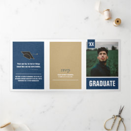 Navy Blue Modern Textured Photo Afstuderen Drieluik Uitnodiging