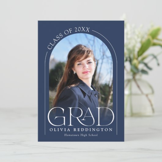 Navy Blue Modern Typography 2 Photo Arch Afstudeer Aankondiging (Staand voorkant)