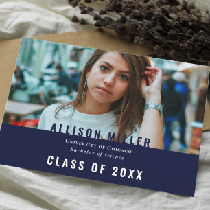 Navy Blue Modern Typography Photo Graduparty Kaart