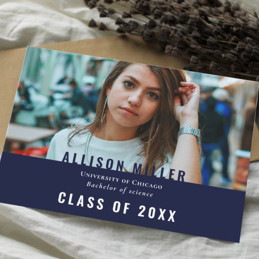 Navy Blue Modern Typography Photo Graduparty Kaart