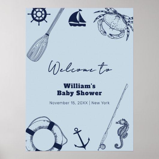 Navy Blue Modern Vissen Boy Baby shower Welkom Poster (Voorkant)
