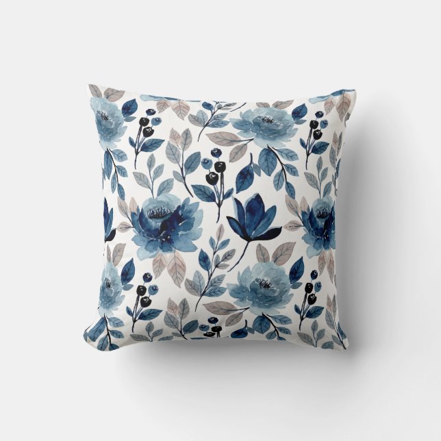 Navy Blue Modern Waterverf Floral Print Patroon Kussen (Voorkant)