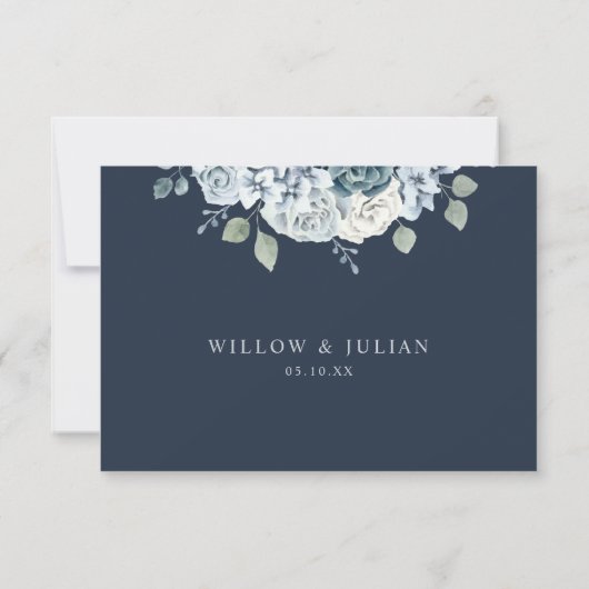 Navy Blue Modern Waterverf Floral Wedding RSVP Kaartje (Achterkant)