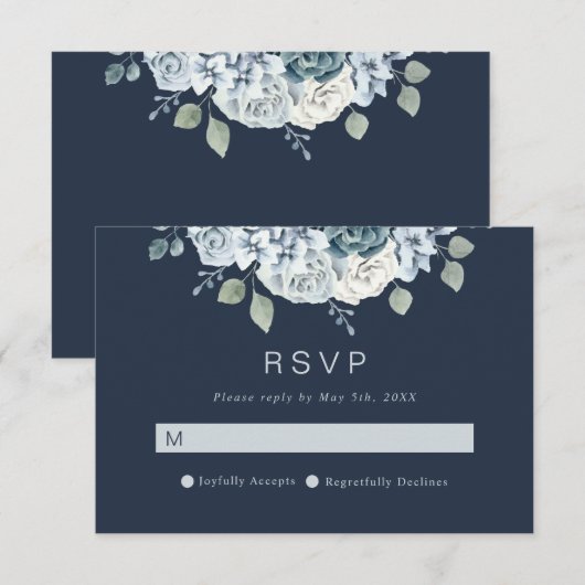 Navy Blue Modern Waterverf Floral Wedding RSVP Kaartje (Voorkant / Achterkant)