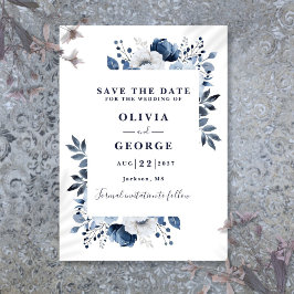 Navy Blue Modern Waterverf Floral Wedding Save The Date