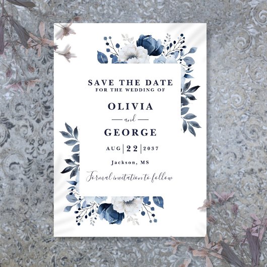 Navy Blue Modern Waterverf Floral Wedding Save The Date