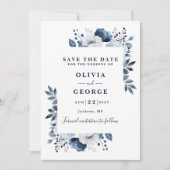 Navy Blue Modern Waterverf Floral Wedding Save The Date (Voorkant)