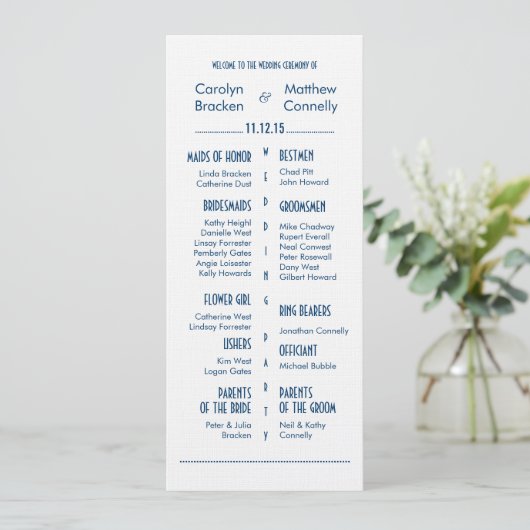 Navy Blue Modern Wedding Ceremony Program Programmakaart (Staand voorkant)