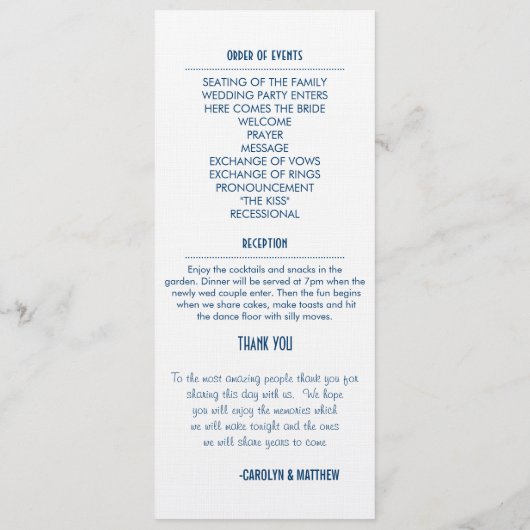 Navy Blue Modern Wedding Ceremony Program Programmakaart (Achterkant)