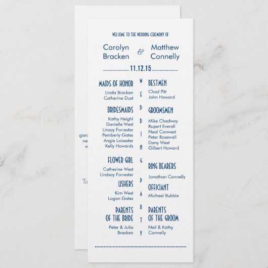 Navy Blue Modern Wedding Ceremony Program Programmakaart (Voorkant / Achterkant)