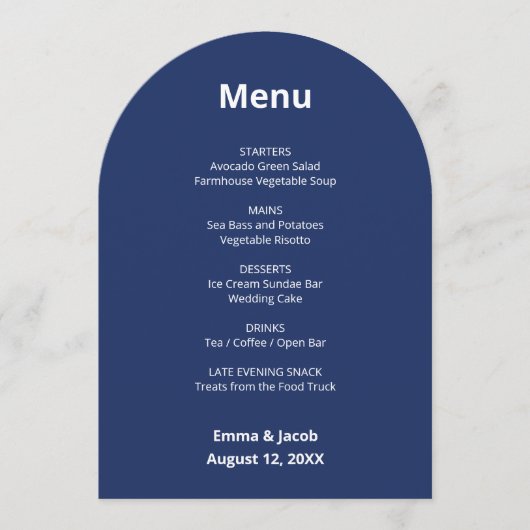 Navy Blue Modern Wedding Menu Kaart (Voorkant)
