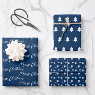 Navy Blue & Modern White Kerstboom Inpakpapier Vel