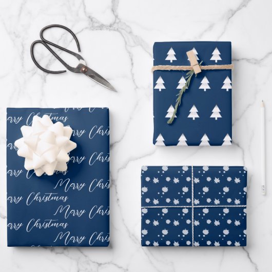 Navy Blue & Modern White Kerstboom Inpakpapier Vel (Voorkant)