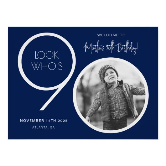 Navy Blue Moderne Foto 90e Verjaardag Welkom Teken Perfect Poster (Voorkant)