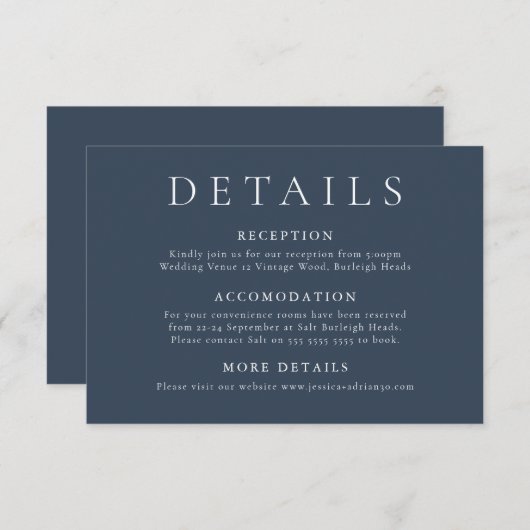 Navy Blue Moderne Minimale Trouwdetails Informatiekaartje (Voorkant / Achterkant)