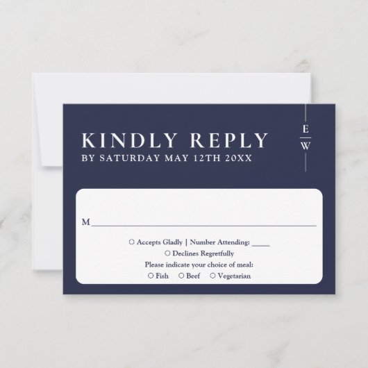 Navy Blue Moderne Minimalistische Monogram Huwelij RSVP Kaartje (Voorkant)