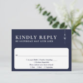 Navy Blue Moderne Minimalistische Monogram Huwelij RSVP Kaartje (Staand voorkant)