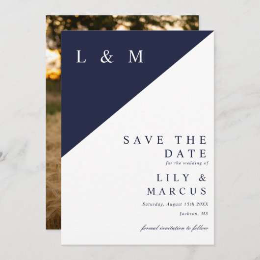 Navy Blue Moderne Minimalistische Monogram Trouwfo Save The Date (Voorkant / Achterkant)