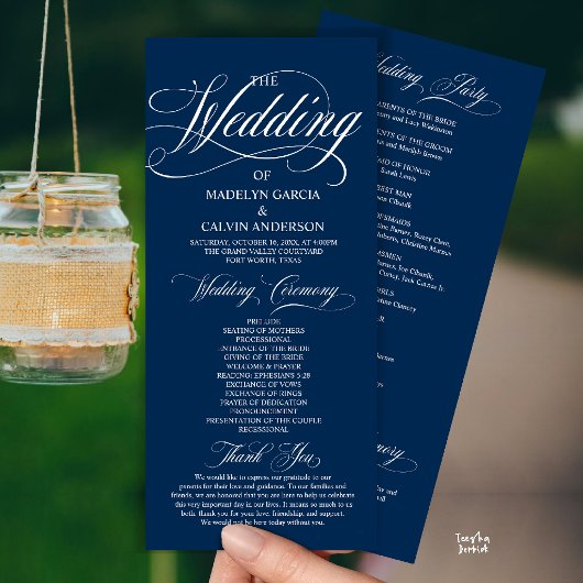 Navy Blue Moderne Script All-in-One Trouwkaart Programmakaart