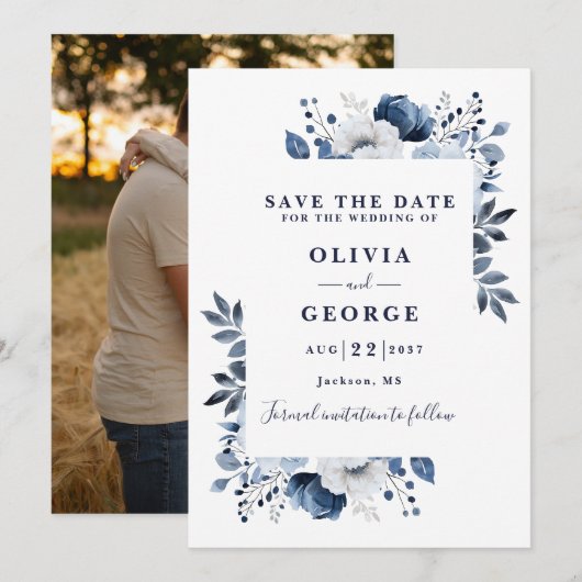 Navy Blue Moderne Waterverf Bloemen Fotobruiloft Save The Date (Voorkant / Achterkant)