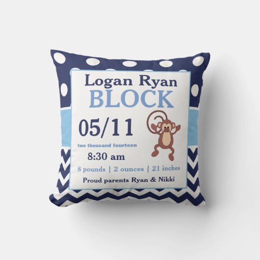 Navy Blue Monkey Baby Announcement Pillow Kussen (Voorkant)