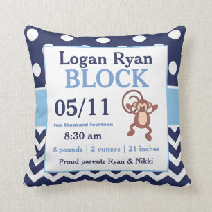Navy Blue Monkey Baby Announcement Pillow Kussen