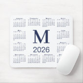 Navy Blue Monogram 2026 Calendar on White Muismat (Met muis)