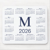 Navy Blue Monogram 2026 Calendar on White Muismat (Voorkant)