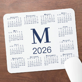 Navy Blue Monogram 2026 Calendar on White Muismat
