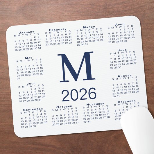 Navy Blue Monogram 2026 Calendar on White Muismat